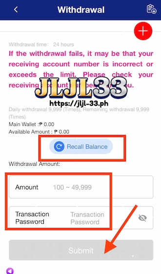 Fill in withdrawal information